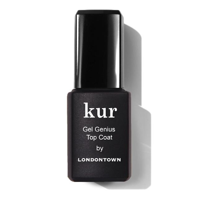 A black bottle labeled "kur Gel Genius Top Coat by LONDONTOWN" against a white background.